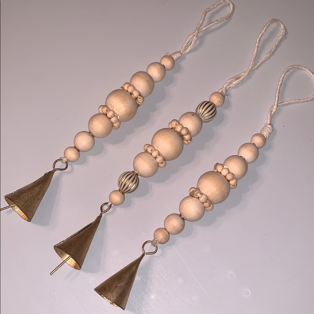 Handmade Wooden Cottagecore Bead Christmas Ornaments Set of 3 Bell Bohemian Gold